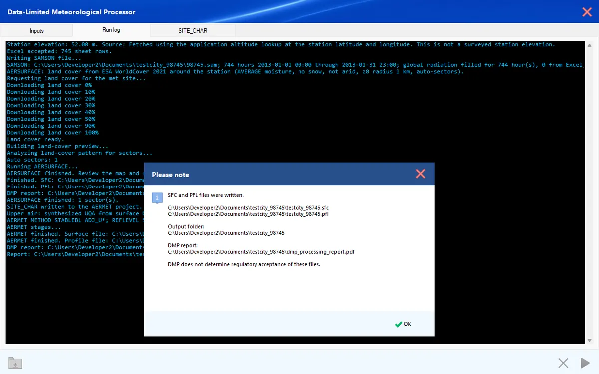 DMP processing log and generated SFC and PFL files