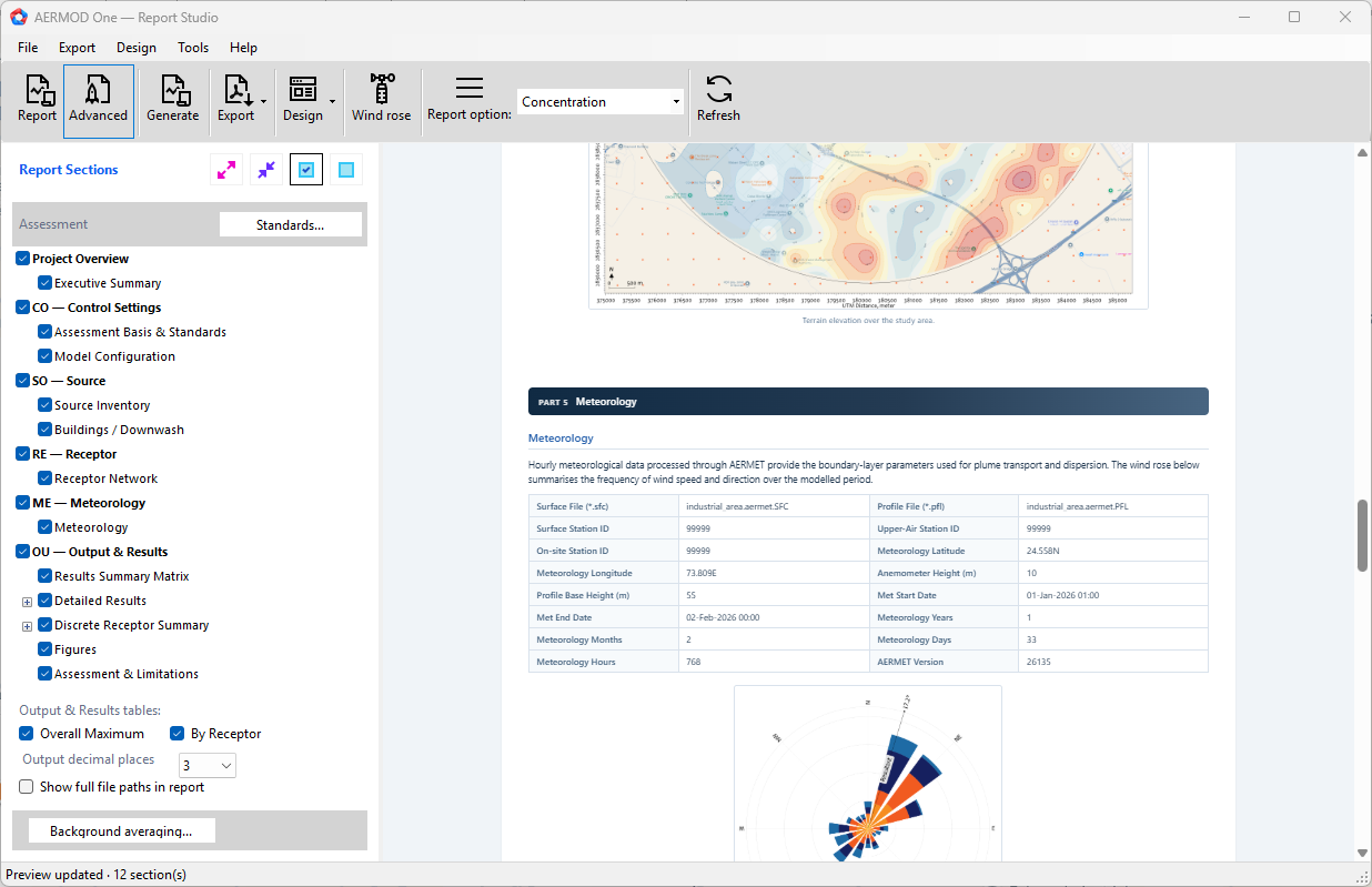 AERMOD One Report Studio settings for generating a model input and run summary